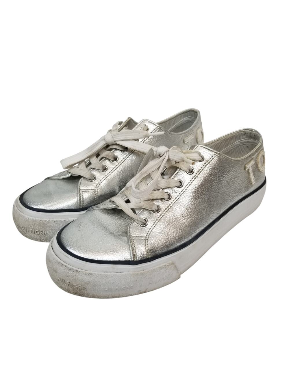 Tommy Hilfiger Helien Metallic Silver White Leather Lace Up Sneakers Women's 9.5